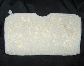 Vintage Beaded Bridal Bag, White Wedding or Formal Clutch, Floral Design Beads