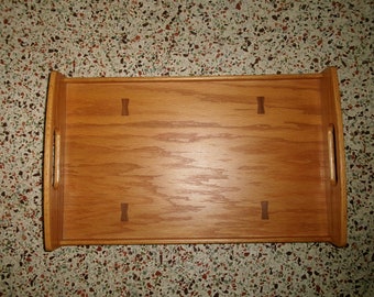 Vintage 2003 Solid Wood Large Tray, Hand Made Wooden Inlay Tray with Handles, Perfect for Ottoman or Coffee Table