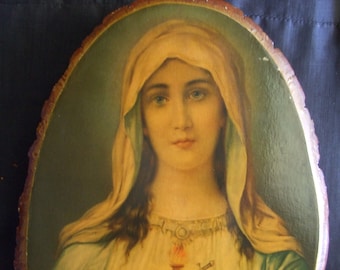 Vintage Sacred Heart of Mary Wood Slice Wall Hanging, Live Edge Immaculate Heart Artwork