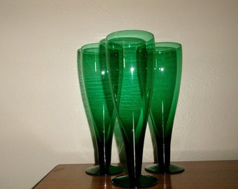 Vintage Set of 3 Tall MCM Stemmed Glasses, Juniper Seafoam or Teal Green Color, Tall Flutes