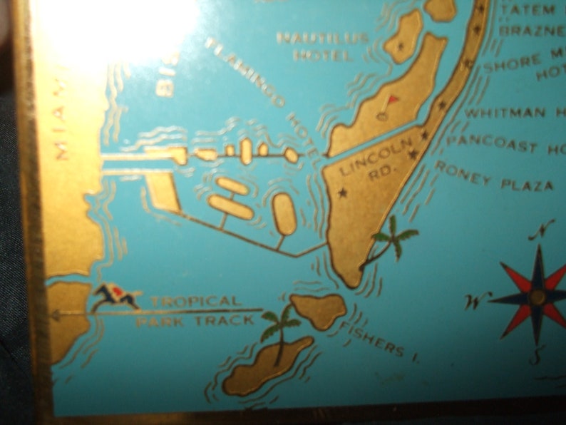 Vintage Volupte Miami Beach Map Compact HTF Unusual Mirrored Compact with decor by Gaige Tourist Attractions