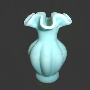 Vintage Fenton Blue Satin Glass Lobed Melon Vase, Ruffled Edge Small Vase