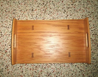 Vintage 2003 Solid Wood Large Tray, Hand Made Wooden Inlay Tray with Handles, Perfect for Ottoman or Coffee Table