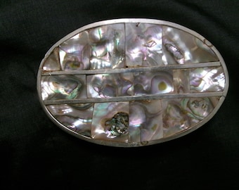 Vintage Large Abalone Alpaca Belt Buckle, Southwestern Style, Made in Mexico Shell Buckle with Silvertone Metal