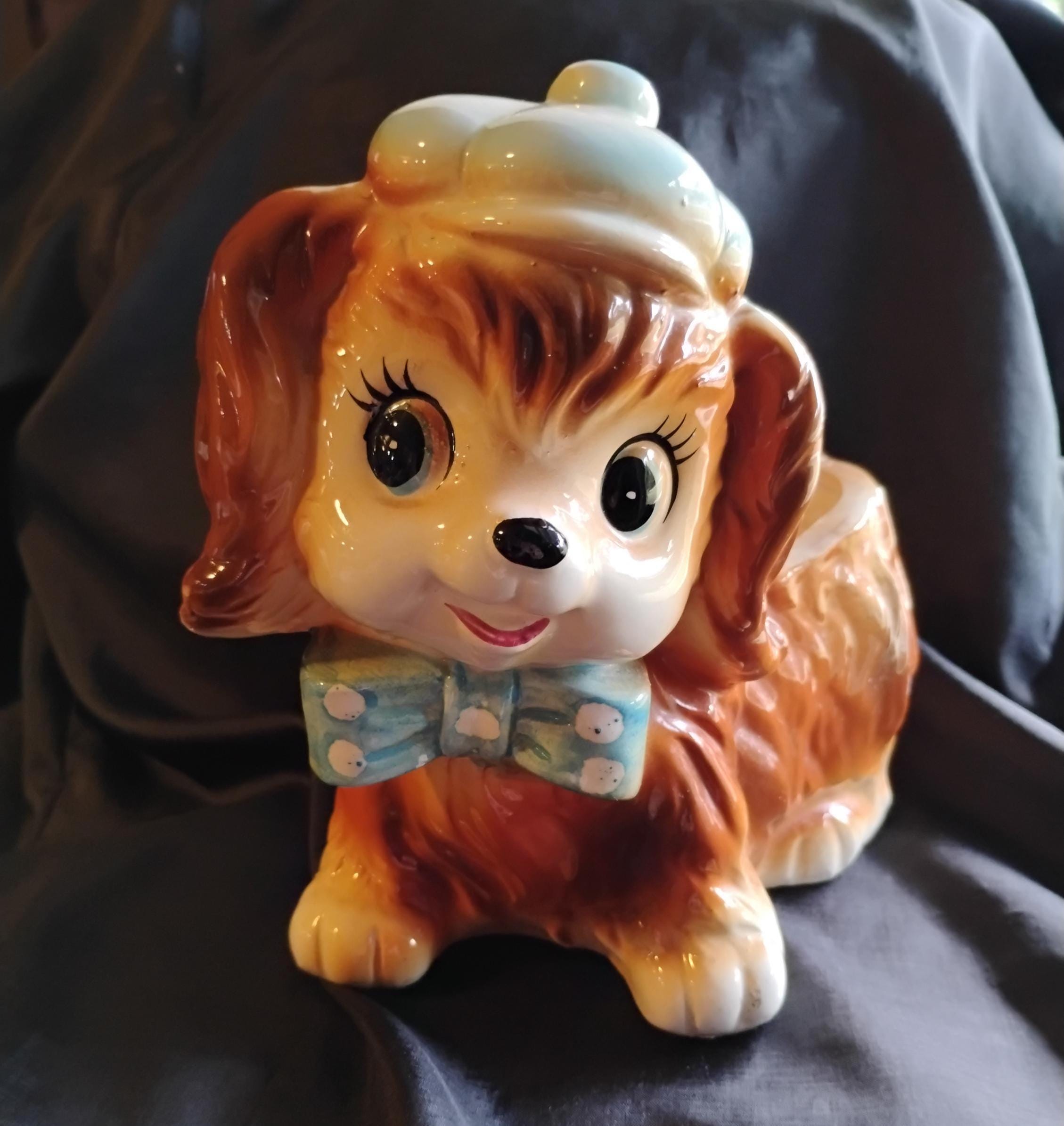 Vintage Relpo Puppy Planter, Number 6571, Brown Dog With Bow Tie