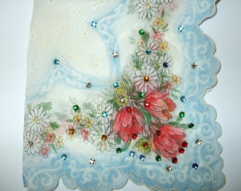 Vintage Rhinestone Sheer Hanky, Unusual Floral Printed Handkerchief, Something Blue for a Bride