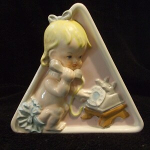 Vintage Blonde Baby Girl Planter , Chase Japan Baby Girl with Telephone , Old Planter