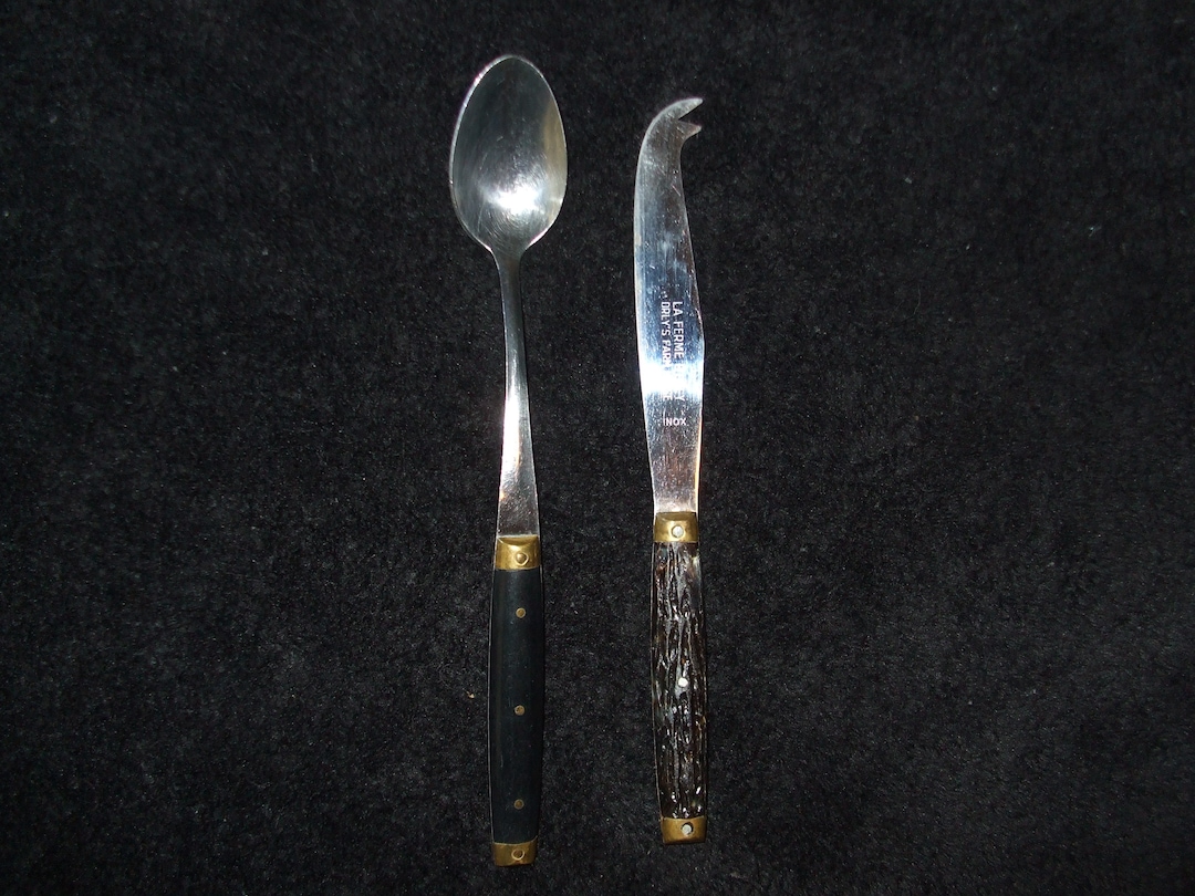 Vintage Stainless French Utensils, Set of 2 With Plastic Brass and