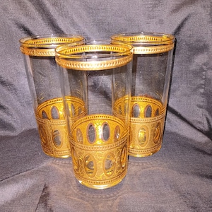 Vintage Culver Antigua Highball Tumblers, Set of 3 Gold Glittery Glasses, Mid Century Hollywood Regency Barware Decor EXCELLENT