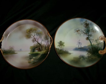 Antique Noritake Scenic Handled Bon Bon Dishes, Vintage Small Moriage Trim Landscape Plates, Windmill on the River, Cottage on the Lake