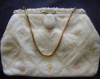 Vintage K G Charlet Beaded Bag, Small Evening Purse Made in Japan, Pastel Cream and White Beads