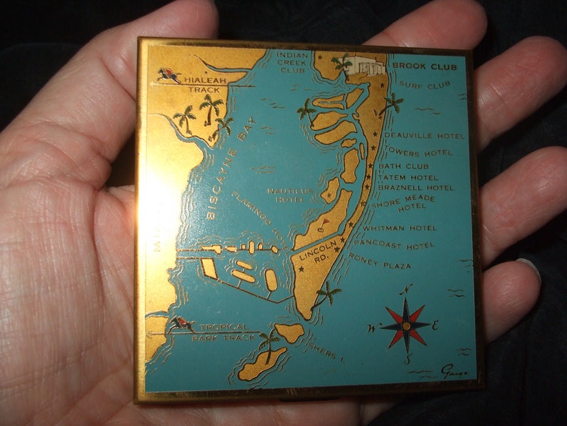 Vintage Volupte Miami Beach Map Compact HTF Unusual Mirrored Compact with decor by Gaige Tourist Attractions