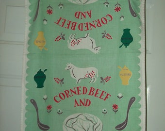 Vintage Mid Century Tea Towel, Fifties Kitschy Decor, Corned Beef and Cabbage Kitchen Towel