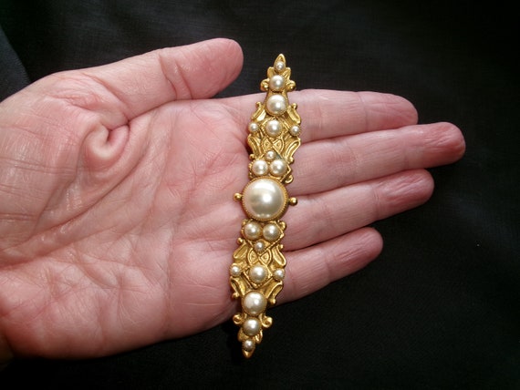 Vintage Faux Pearl Bar Brooch, Large Victorian St… - image 1