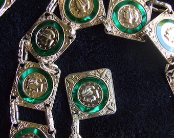 Vintage Chain Belt ,HTF Green and Gold Faces , Size Small or Medium ,Unusual Cameo Link Belt , Old Hong Kong , Seventies or Eighties Style