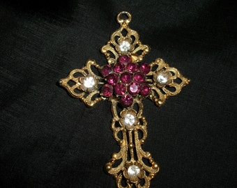 Vintage Large Filigree Cross Pendant, Old Glass Rhinestone Goldtone Cross