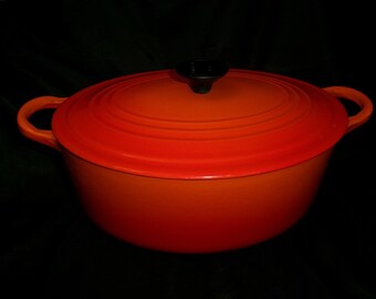 Vintage Le Creuset Flame Oval Dutch Oven, 3.5  Quart Covered HTF Authentic French Cast Iron Enamel Cookware