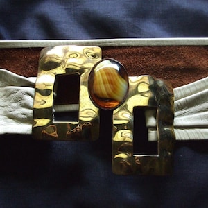 Vintage Brutalist Metal and Beige Leather Belt, Size Small, Large Buckle Belt for Women