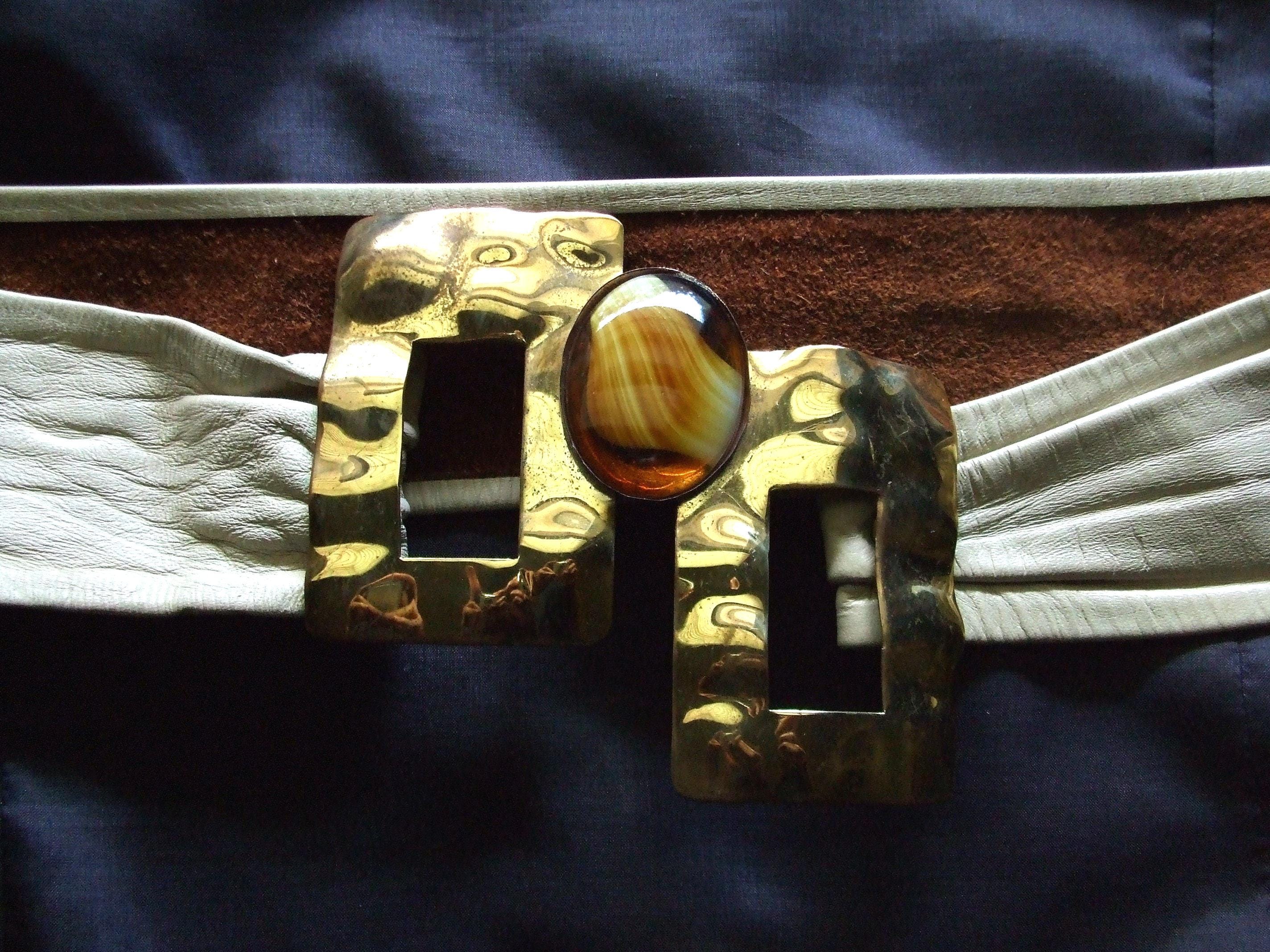 Vintage Leather Belt Metal Brutalist Buckle Tan Taupe One Size Vintage Brutalist Metal and Beige Leather Belt, Size Small  main image 2