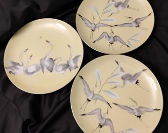 Vintage K Saji  Yellow Crane and Swan Decorative Plates, Made In Japan , Lot of 3 Plates