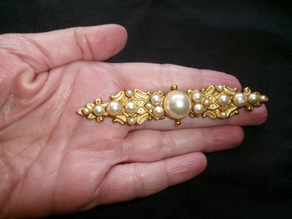 Vintage Faux Pearl Bar Brooch, Large Victorian St… - image 4