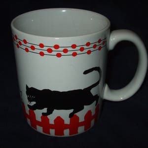 Cats Walking on Fence Mug By Lord And Taylor, White and Red Mug with Black and White Cats image 2