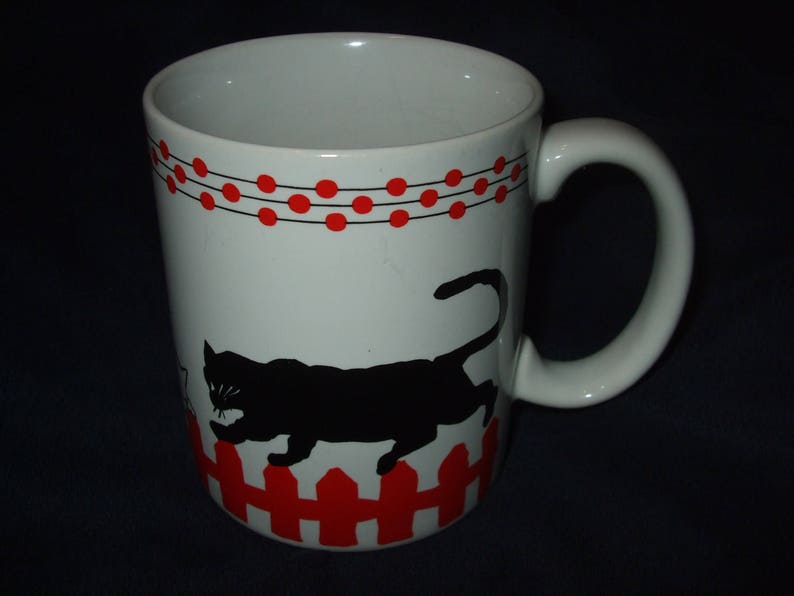 Cats Walking on Fence Mug By Lord And Taylor, White and Red Mug with Black and White Cats image 2