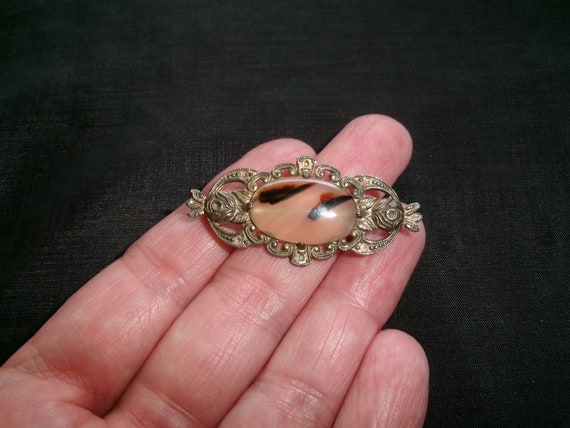 Vintage Uncas Silver Brooch with Agate, Sterling … - image 2
