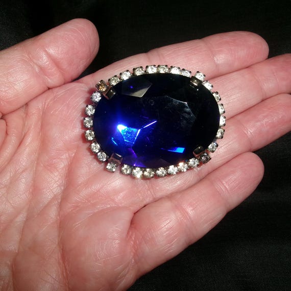 Vintage Big Blue Rhinestone Brooch, Large Art Dec… - image 1