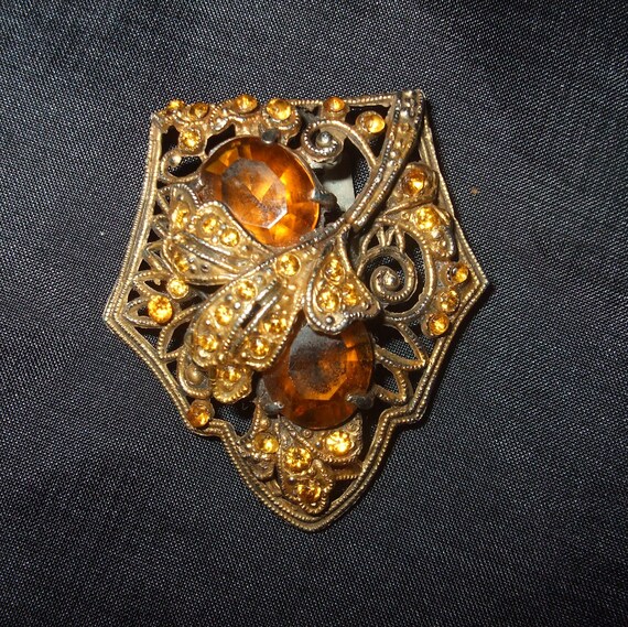 Vintage Yellow and Brown Glass Fur Clip or Dress … - image 1