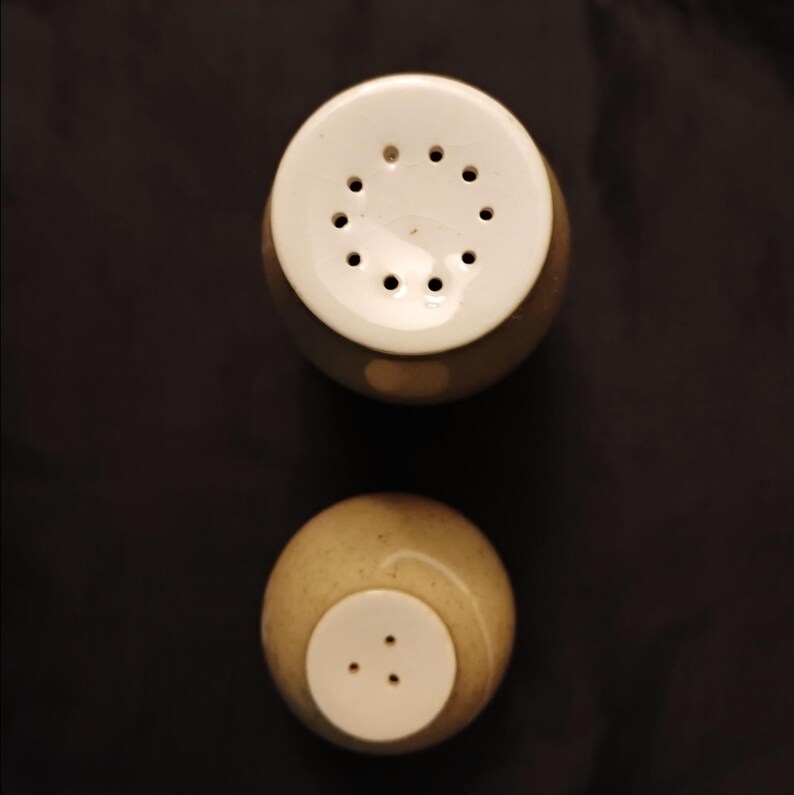 May include: Overhead shot of two ceramic salt and pepper shakers. The shakers are beige with white tops. The top shaker has 12 holes, while the bottom shaker has 3 holes. The background is a solid black.
