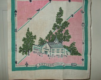 Vintage Mid Century Startex Tea Towel in Pink and Blue with Green Trees, Antique Shop Decor, Cotton and Linen Kitchen Towel
