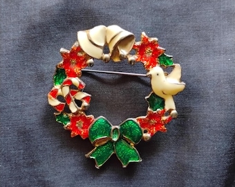 Vintage Holiday Wreath Brooch, Bells, Candy Canes and Dove Christmas Pin