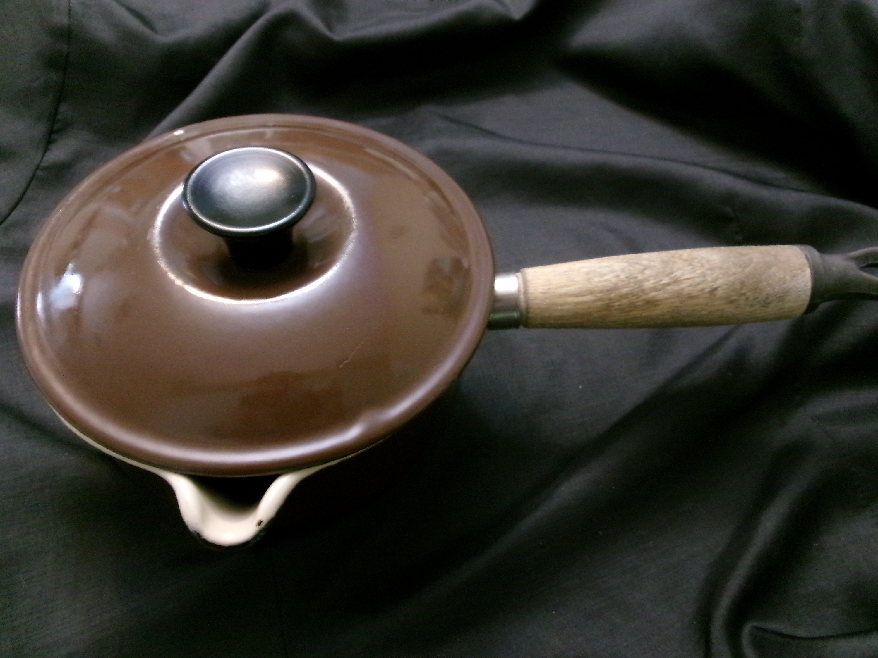 Brown Le Creuset #30 Enameled Cast Iron Skillet Pan Double Pour Spout w/ Lid