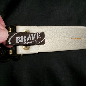 Vintage Brass Brutalist Buckle Beige Belt, Size Extra Large, Large Buckle Belt for Women image 5