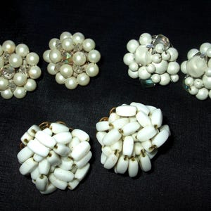 Vintage Lot of White Beaded Fifties or Sixties Clip Earrings, Set of 3 Pair of Cluster Clip Ons, Old Costume Jewelry