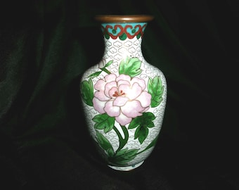 Vintage Cloisonne Small Vase, Peony Flowers and Bird on a White Background