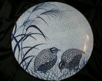 Vintage Japanese Extra Large Charger with Quail and Millet, Blue and White Honeycomb Pattern Big Plate