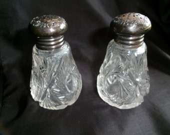 Antique Pair Crystal Shakers, Set of Two Cut Glass Salt and Peppers, Sterling Tops, Elegant Table Ware