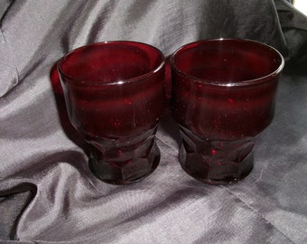 Vintage Pair Royal Ruby Red Anchor Hocking Glasses, Set of 2 Georgian Honeycomb Tumblers, 8 oz Flat Tumbler Old Cocktail Glasses