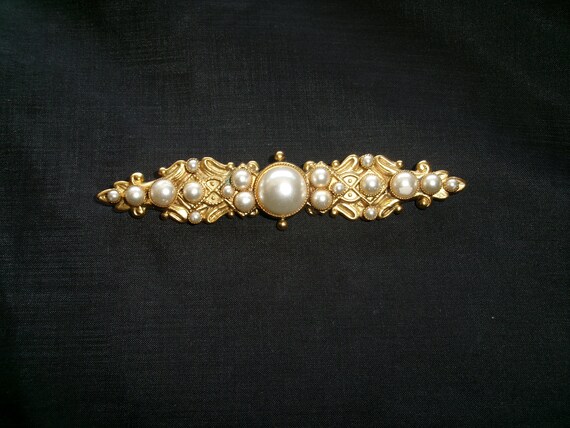 Vintage Faux Pearl Bar Brooch, Large Victorian St… - image 6
