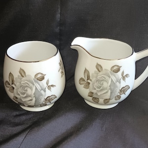 Vintage Moon Rose Mini Creamer and Mini Sugar Bowl, Schumann Arzberg Germany,  Individual Cream Pitcher Floral Small Bowl, Gray and Black