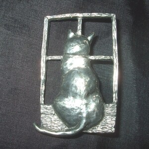Vintage Sheridan Pewter Big Cat Brooch, Large Kitty in the Window Pin