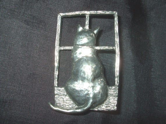 Vintage Sheridan Pewter Big Cat Brooch, Large Kitty in the Window Pin