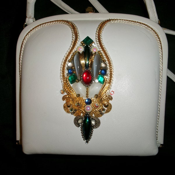 Vintage 80s White Leather Coccinella Mini Bag, AS IS Small Bejeweled West Germany Crossbody Shoulder Bag, Tiny Purse Faux Gems and Cording