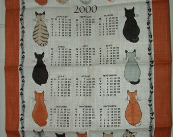 Vintage 2000 Cat Calendar Tea Towel, Ulster Retro Linen with Cats in Waiting, NOS Irish Linen Mod Fabric Graphics