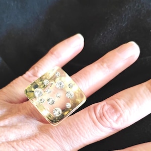 Vintage Chunky Lucite Rhinestone Ring, Signed Unusual Mod Ring