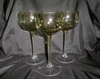 Vintage Set of 3 MCM Wine or Cordial Stemmed Glass, Khaki or Olive Green with Clear Foot Cocktail Wine or Liquor Goblets