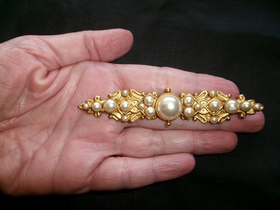 Vintage Faux Pearl Bar Brooch, Large Victorian St… - image 5
