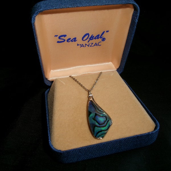 Vintage Paua Shell Necklace, NIOB Sea Opal by Anzac Pendant on Chain